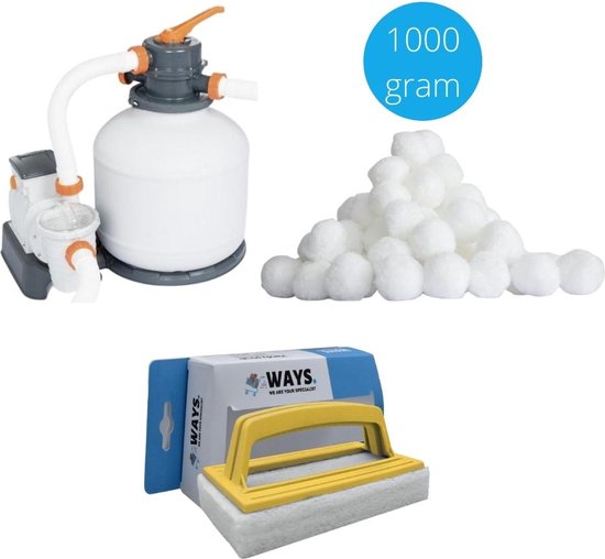 Zwembadfilterpomp met witte filterballen en een gele schuurborstel.