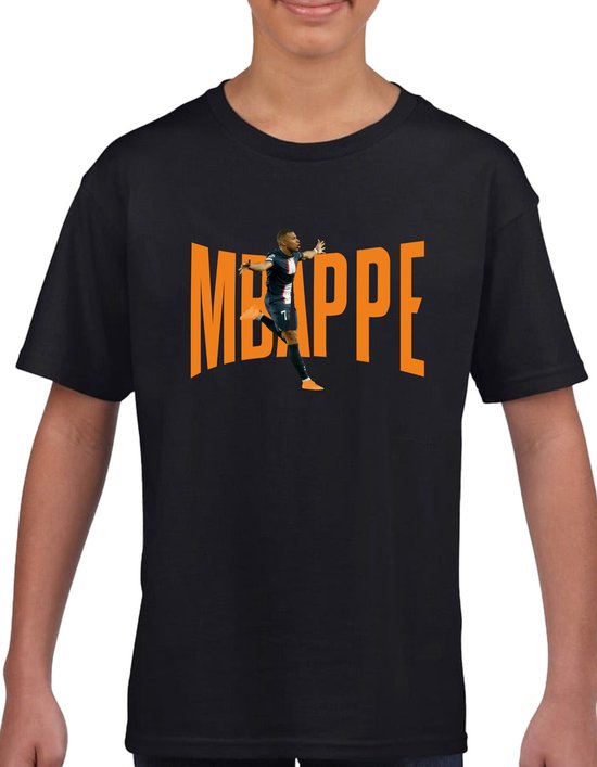 Mbappe - kylian - PSG - - Kinder T-Shirt - Zwart text oranje - Maat 122 /128 - T-Shirt leeftijd 7 tot 8 jaar - Grappige teksten - Cadeau - Shirt cadeau - Mbappe - 10 - kylian - PSG - voetbal - korte mouwen -