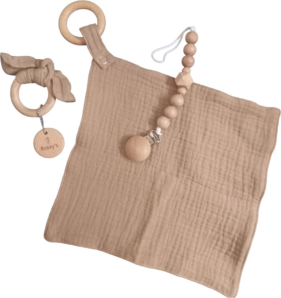 Rosey’s® Baby Giftset Taupe – Kraamcadeau Unisex – Bijtring, Speenkoord & Knuffeldoekje – Baby Cadeau Set 0 Jaar – Babyshower / Geboorte Geschenk – foto 4