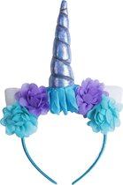 Eenhoorn haarband blauw bloemetjes - unicorn diadeem met oortjes - blauwe hoorn bloemen paars blauw