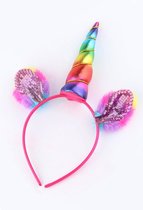 Eenhoorn haarband roze pluche unicorn diadeem met oortjes - regenboog hoorn - nepbont rainbow festival