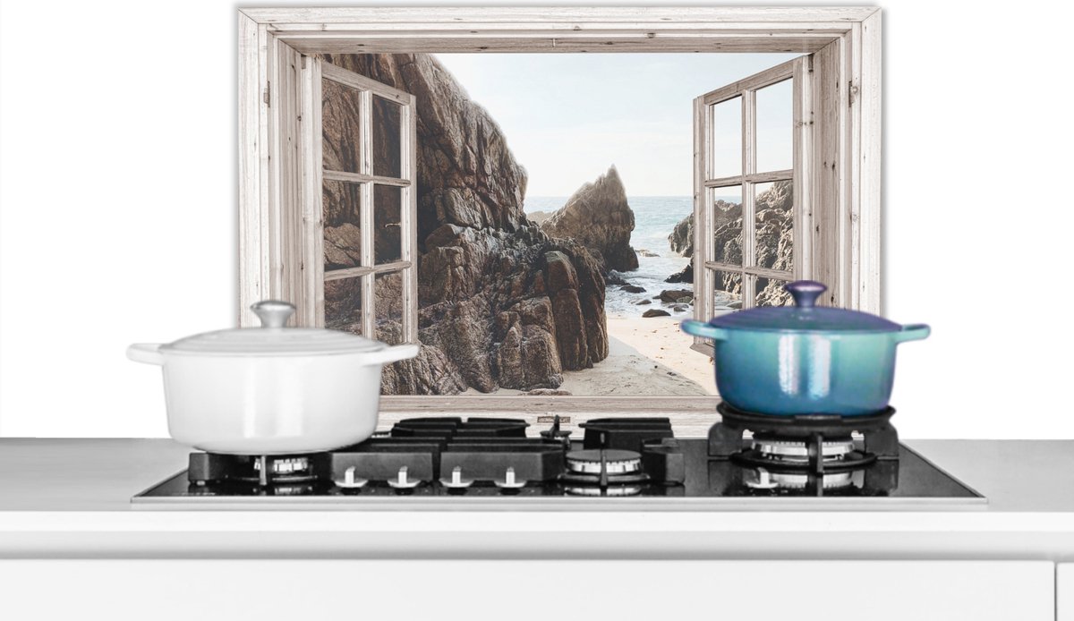 Spatscherm keuken 60x40 cm - Kookplaat achterwand Doorkijk - Strand - Zee - Muurbeschermer - Spatwand fornuis - Hoogwaardig aluminium