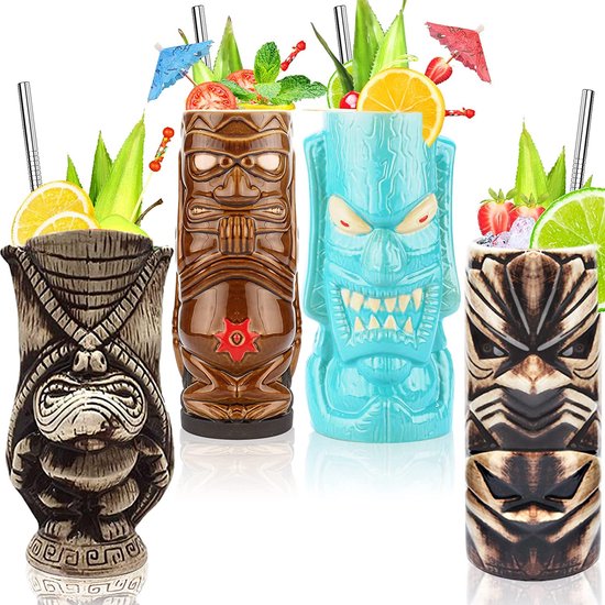 SuproBarware Tiki-mokkenset, Hawaï-partybeker van keramiek, voor cocktails, hoogwaardige mokkenset met 4 kopjes voor exotische feesten