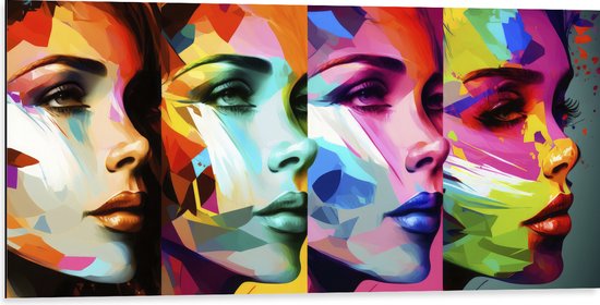 Dibond - Artistieke Collage van Zijaanzichten van Kleurrijke Vrouwen - 100x50 cm Foto op Aluminium (Wanddecoratie van metaal)