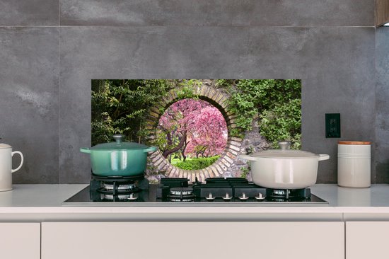 Spatscherm keuken 90x45 cm - Kookplaat achterwand Doorkijk - Sakura - Bloesem - Japans - Muurbeschermer - Spatwand fornuis - Hoogwaardig aluminium