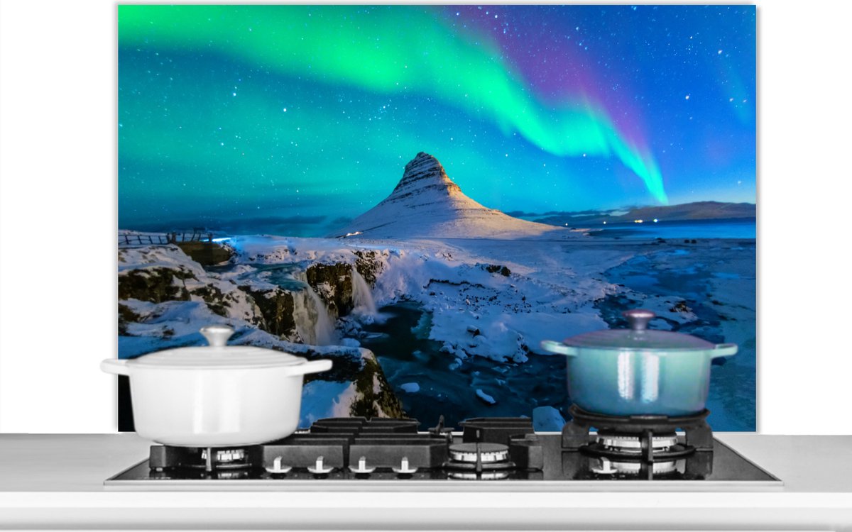 Spatscherm keuken 100x65 cm - Kookplaat achterwand Noorderlicht - Berg - IJsland - Muurbeschermer - Spatwand fornuis - Hoogwaardig aluminium