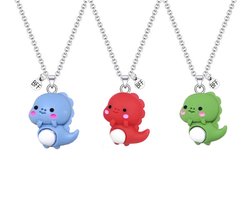 foto van Bixorp Friends BFF Ketting voor 3 met Schattige Dino - Rood, Blauw & Groen - Dinosaurus met ei - 45cm + 5cm verstelbaar