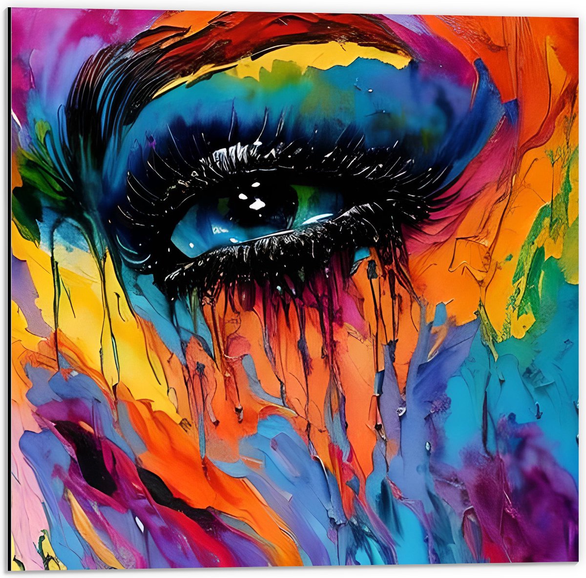 Dibond - Acrylverf Schilderij van Deel van Regenboogkleurig Gezicht - 50x50 cm Foto op Aluminium (Met Ophangsysteem)