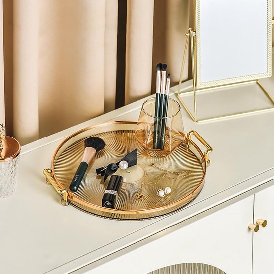 Plateau Décoratif En Verre Doré Vintage – Miroir & Métal – 35 X 25 X 5 Cm – Rangement Cosmétique, Bijoux, Salon