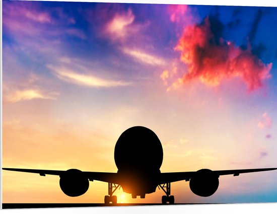 PVC Schuimplaat- Silhouet van Vliegtuig op Startbaan bij Zonsopkomst - 100x75 cm Foto op PVC Schuimplaat