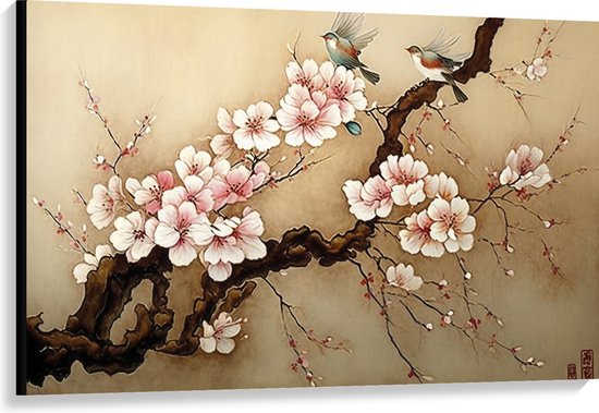Canvas - Tekening van Tak met Vogeltjes en Roze Bloemen - 120x80 cm Foto op Canvas Schilderij (Wanddecoratie op Canvas)