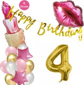 Snoes Beauty Helium Ballonnen Set 4 Jaar - Roze Folieballonnen - Slinger Happy Birthday Goud