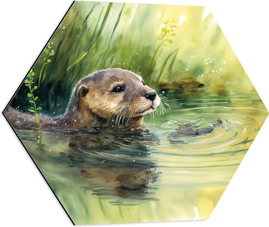 Dibond Hexagon - Tekening van Zwemmende Otter in de Rivier - 60x52.2 cm Foto op Hexagon (Met Ophangsysteem)
