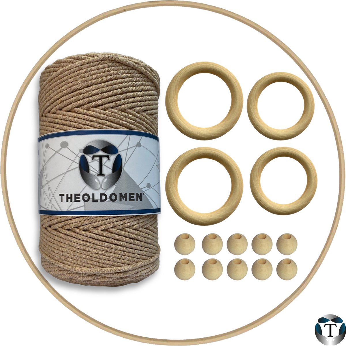Macramé Pakket | 200 METER | Lichtbruin | Starter Set | Ringen | Kralen | Hout | Macramé Touw | 3mm | 100% Katoen | Macramé | Decoratie | DIY | Doe Het Zelf | Wandkleed | Dromenvanger | Plantenhanger | Tassen | TheOldOmen |