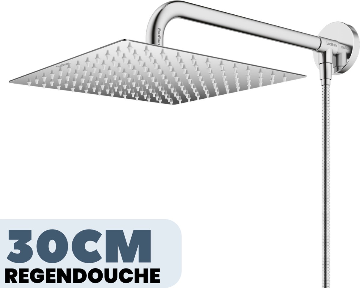 EcoRain© 30% Waterbesparende Regendouchekop Tyler 30 CM Vierkant met Douchearm en Slangaansluiting - Hoge Druk - Universele Aansluiting - Anti-kalk Douchekop - 2 jaar garantie - Chroom