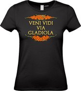 Dames T-shirt Veni Vidi Via Gladiola | Vierdaagse shirt | Wandelvierdaagse Nijmegen | Roze woensdag | Zwart | maat XL
