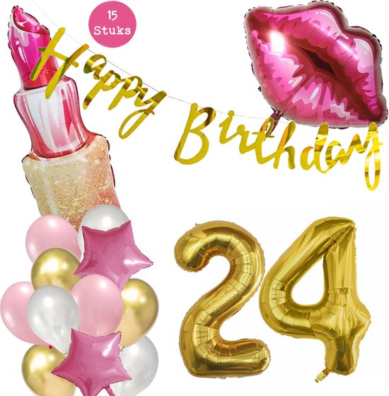 Snoes Beauty Helium Ballonnen Set 24 Jaar - Roze Folieballonnen - Slinger Happy Birthday Goud