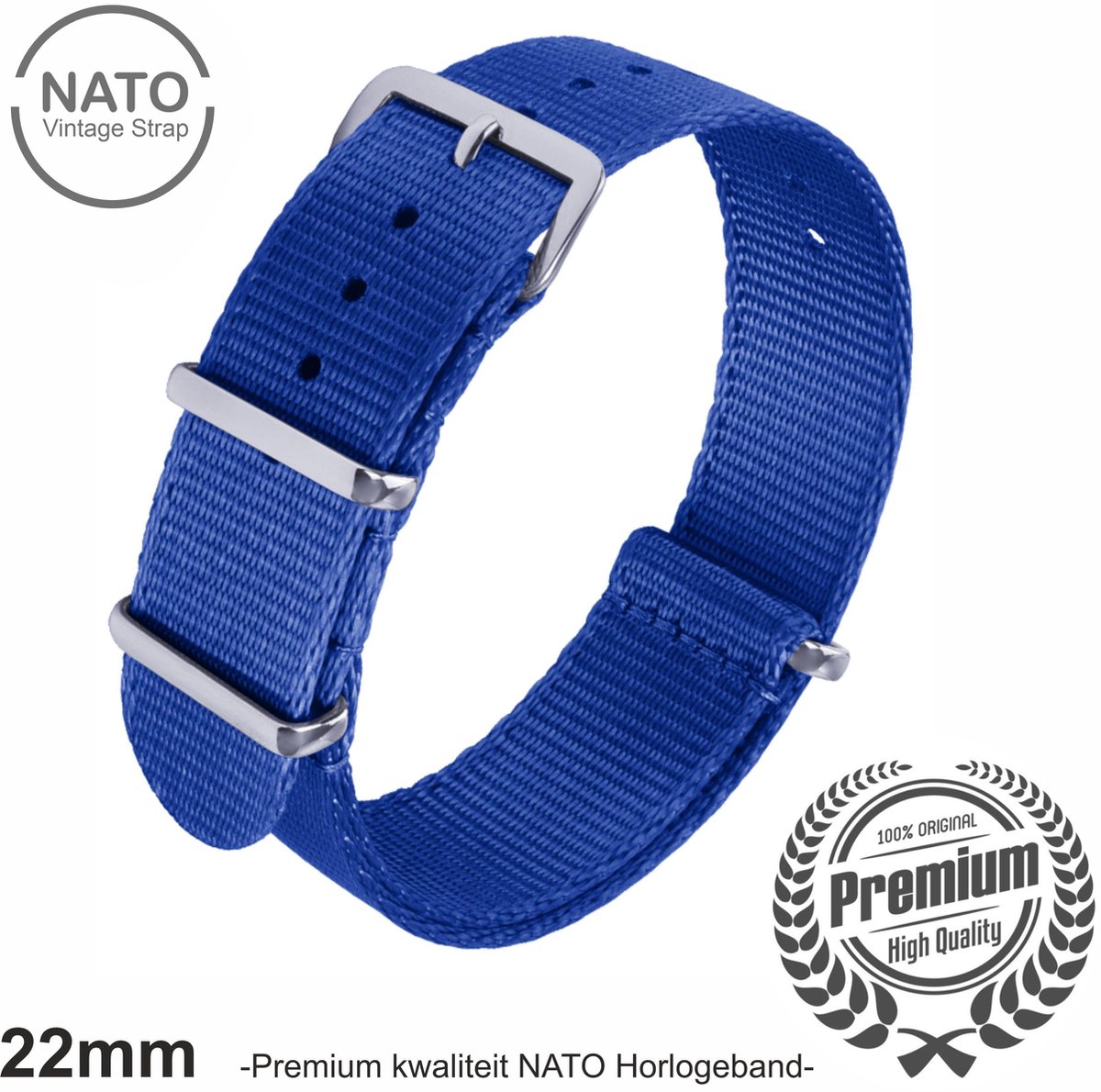 22mm Premium Nato horlogeband Blauw - Vintage James Bond look- Nato Strap collectie - Mannen - Horlogebanden - 22 mm bandbreedte
