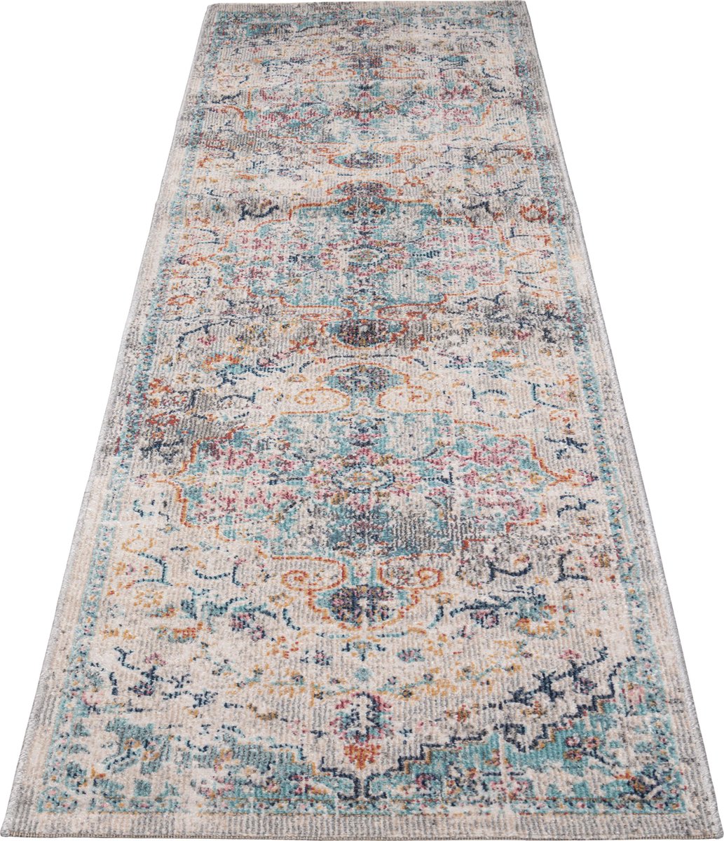the carpet Palma – Indoor & Outdoor vloerkleed, weerbestendig & onderhoudsvriendelijk, orientaals motief in blauw beige, 80 x 300 cm