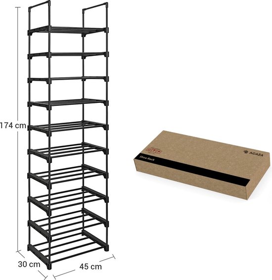 ACAZA Schoenenrek - Schoenenkast - 10 Lagen - 45 x 30 x 174 cm - Voor 20 paar schoenen - Metaal - Zwart