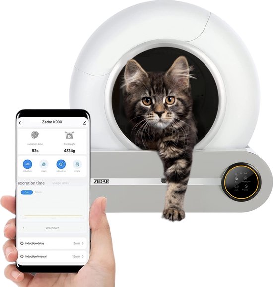 Automatische Kattenbak - Zelfreinigende Kattenbak - Met App en Touchscreen - Met kattenbakmat - Met 3 rollen opvangzakjes - 65L - Zedar K900