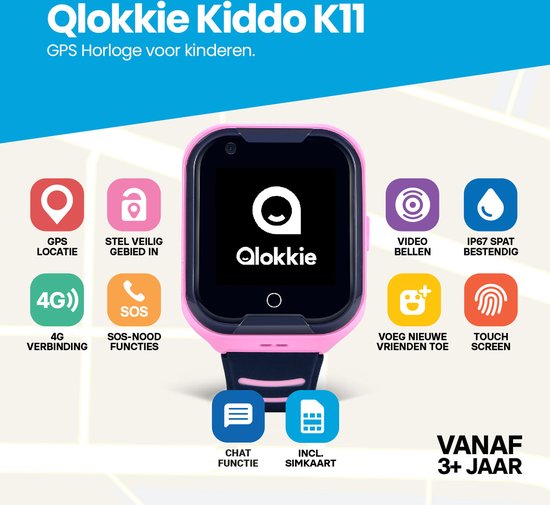 Qlokkie Kiddo GO - Montre GPS Enfant 4G - Tracker GPS - Appel vidéo -  Définir la zone