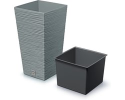 Prosperplast Plantenpot Furu Stripes - voor buiten - kunststof - lichtgrijs - vierkant - D24xH45 cm - bloempot