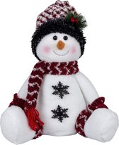 Bonhomme de neige décoration en peluche - 36 cm - avec chapeau blanc - assis - Décoration de Noël