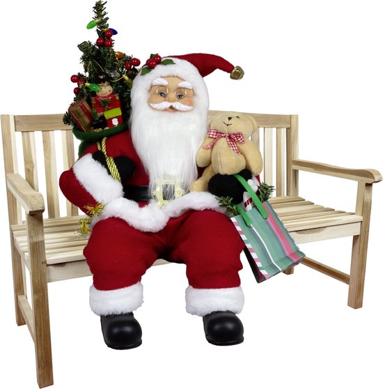 Kerstman decoratie pop Gijs - H45 cm - rood - zittend - kerst beeld - kerst figuur