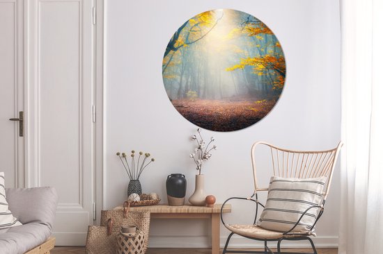 WallCircle - Stickers muraux - Cercle de papier peint - Forêt - Brouillard - Automne - 120x120 cm - Cercle mural - Autocollant - Papier peint autocollant rond XXL