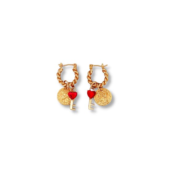 Bijoux ByNouck - Twisted Hoop Set Lucky Key - Bijoux - Boucles d'oreilles pour femme - Plaqué or - Set de Boucles d'oreilles