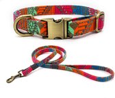 Set halsband en riem hond - wandelset - hondenlijn - bohemian - ibiza - maat M - 27 - 40 cm - verstelbaar - halsband voor kleine honden - ibiza stijl - roze - oranje - groen - bohemi – boho - luxe - kliksysteem - kleine hond - looplijn