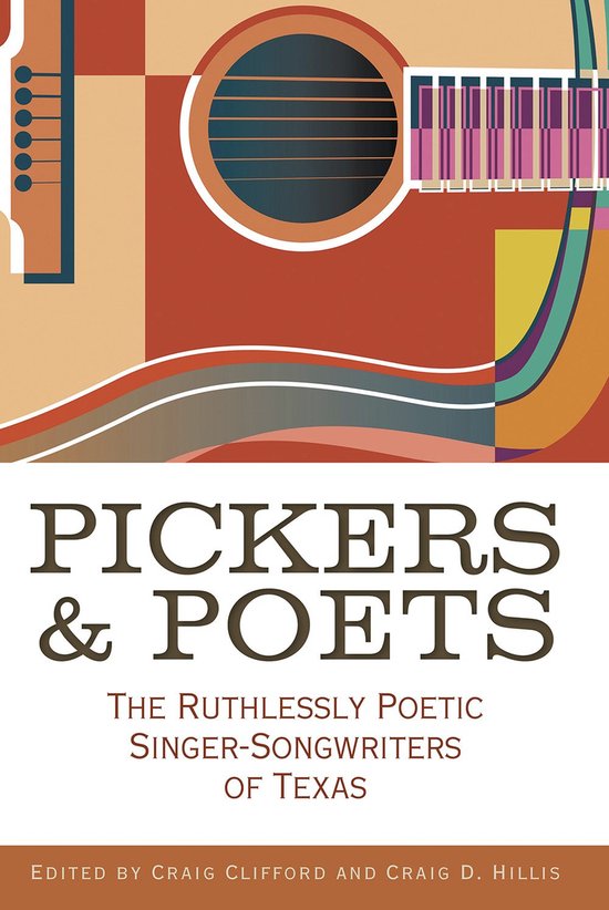 Boekomslag met gestileerde gitaar in warme tinten en de titel "Pickers & Poets" in donkerbruine letters.