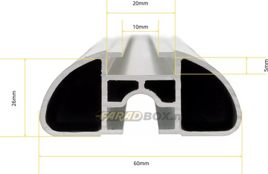 Section transversale d'une barre de toit en aluminium avec dimensions.