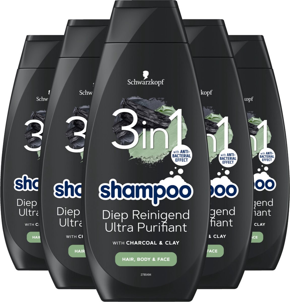 Schwarzkopf 5x Men Shampoo 3 in 1 Hair-Body-Face Charcoal + Clay 400 ml