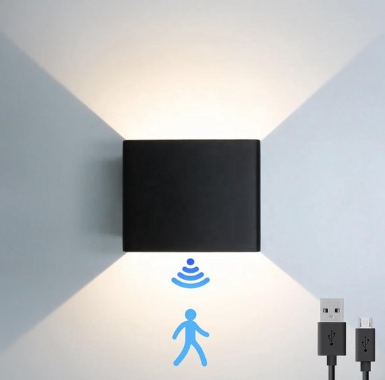 Wandlamp binnen met bewegingsmelder hout, LED wandlamp batterij USB oplaadbaar, dimbaar draadloos nachtlampje met schakelaar, 3000K-6000K draagbare magnetische bedlamp, voor slaapkamer trap hal,A