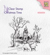 CT027 Stempel Nellie Snellen - Clear Stamps Christmas time - Wintery scene with church & reindeer - kerst dorpje met kerk en rendier