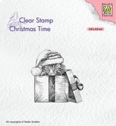CT033 Clearstamp Nellie Snellen Christmas time surprise - stempel kerstmis kat in box - 1 stuks 4,8 x 4,9 cm