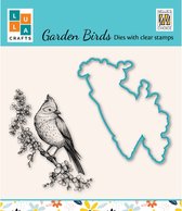 HDCS011 - snijmal + stempel - Nellie Snellen - set tuin kuif vogel tak bloemen - diecut with clearstamp bird