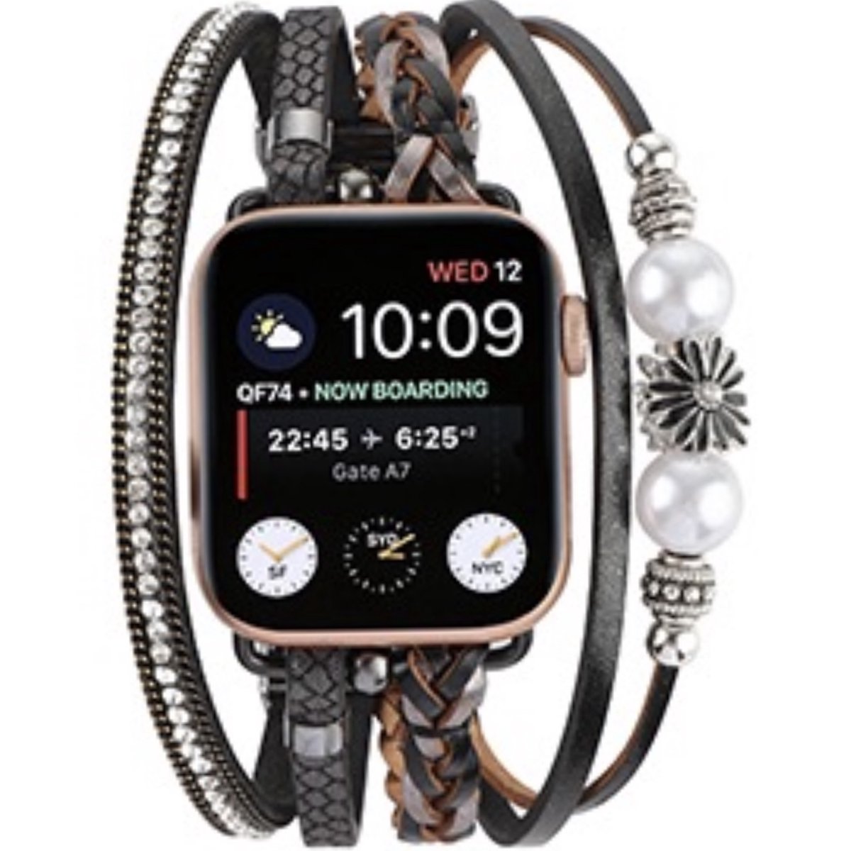 Applewatch -Bohemian flower style horlogebandje-38-40-41 mm leer en kralen