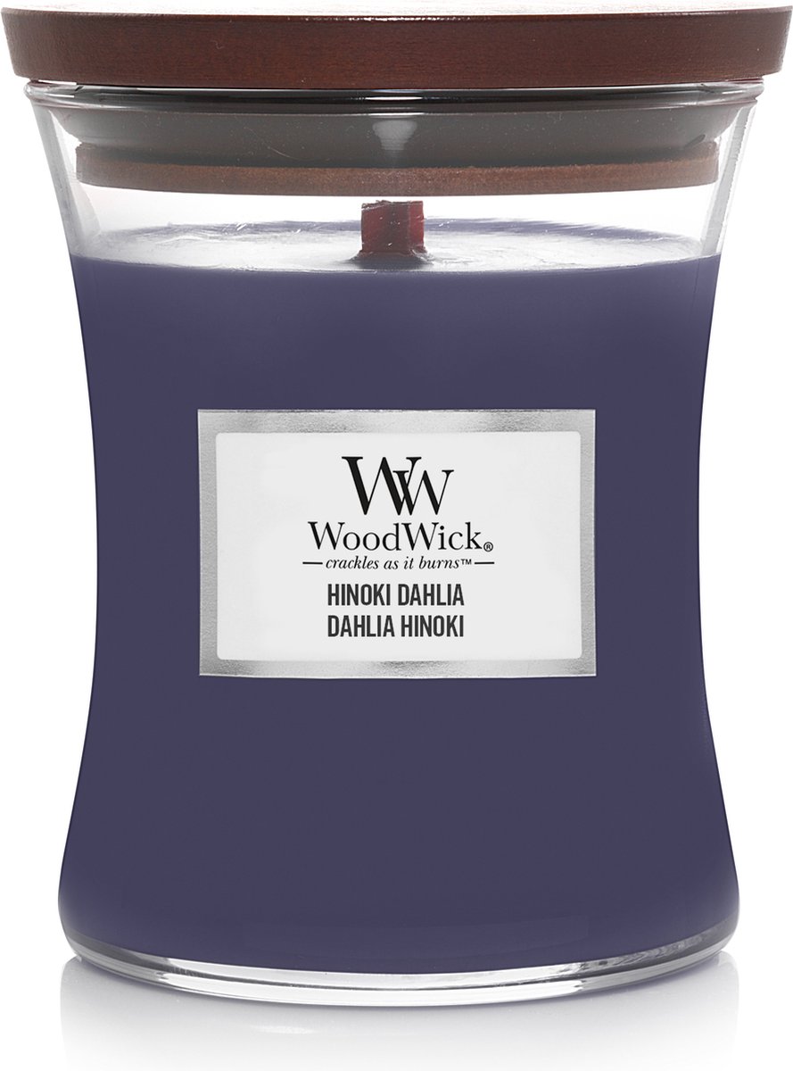 WoodWick Hourglass Medium Geurkaars - Hinoki Dahlia - 60 branduren Paars