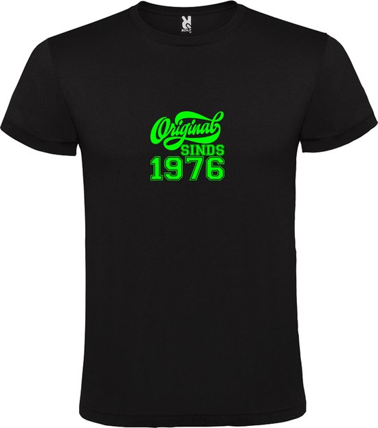 Zwart T-Shirt met “Original Sinds 1976 “ Afbeelding Neon Groen Size S