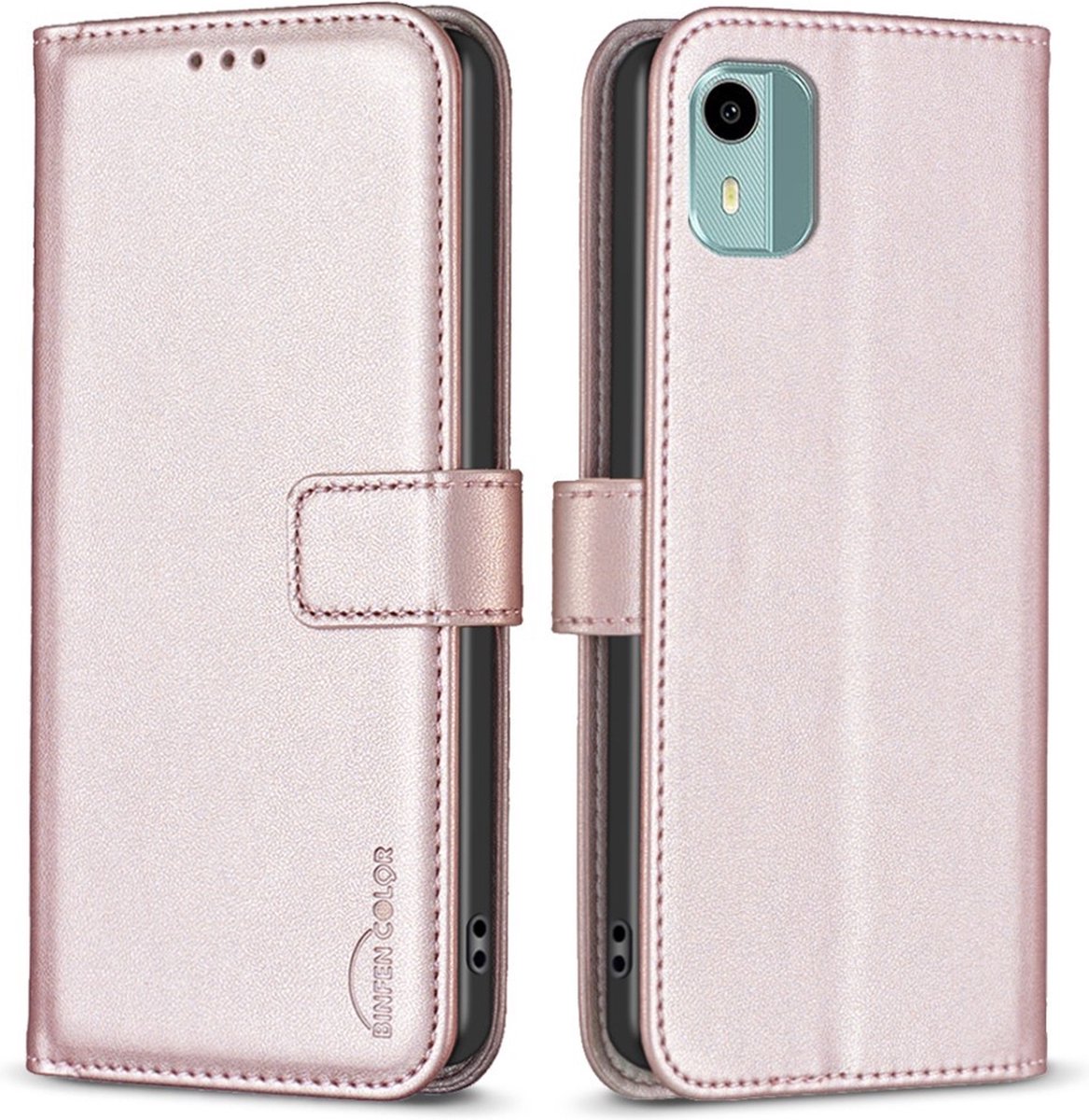 BINFEN Hoesje - Geschikt voor Nokia C12 Hoesje - BINFEN Book Case - Rose Gold