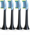 Vier zwarte Philips Sonicare opzetborstels met blauwe, witte en groene borstelharen.