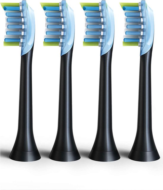 Vier zwarte Philips Sonicare opzetborstels met blauwe, witte en groene borstelharen.
