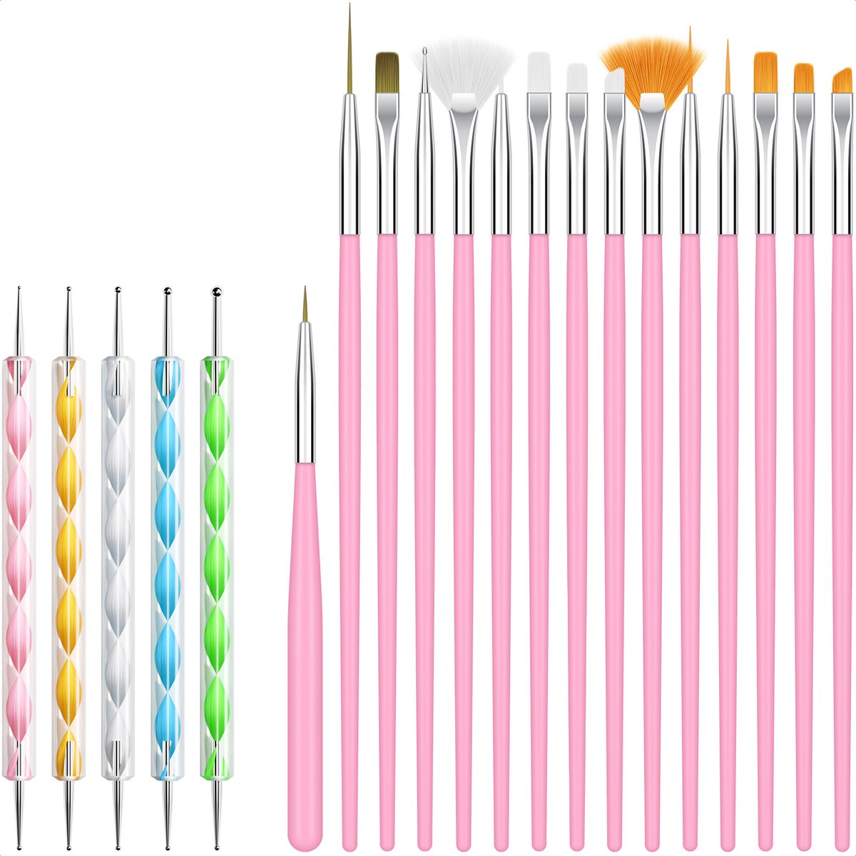 Evvie 20 delige nail art set - 15 nailart penselen en 5 dotting tools - Roze - Evvie