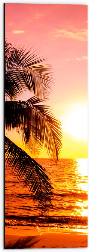 Dibond - Silhouet van Grote Palmboom boven de Golven in de Zee tijdens Zonsondergang - 30x90 cm Foto op Aluminium (Met Ophangsysteem)
