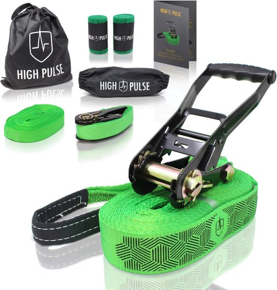 High Pulse Slackline 9-piece set including poster with instructions and balancing aid | 15 m - Complete slackline set (12.5 m tyre 2.5 m ratchet strap) with ratchet, ratchet protector, guide
