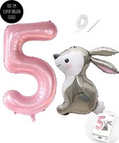 Snoes - Stampertje Basis ballon set XXL Cijferballon Baby Roze Pink Nude 5 - Lief Konijn + Cijfer Ballon 5 Jaar - Helium Geschikt