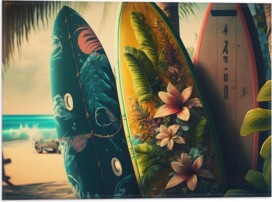 Vlag - Rij Surfplanken in Verschillende Patronen en Kleuren op het Strand - 40x30 cm Foto op Polyester Vlag